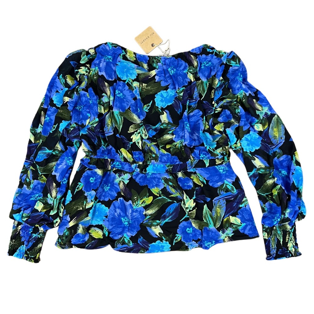NWT Blu Pepper Blue Green Floral V-Neck Shirt Blouse Long Sleeve Medium - Picture 4 of 7
